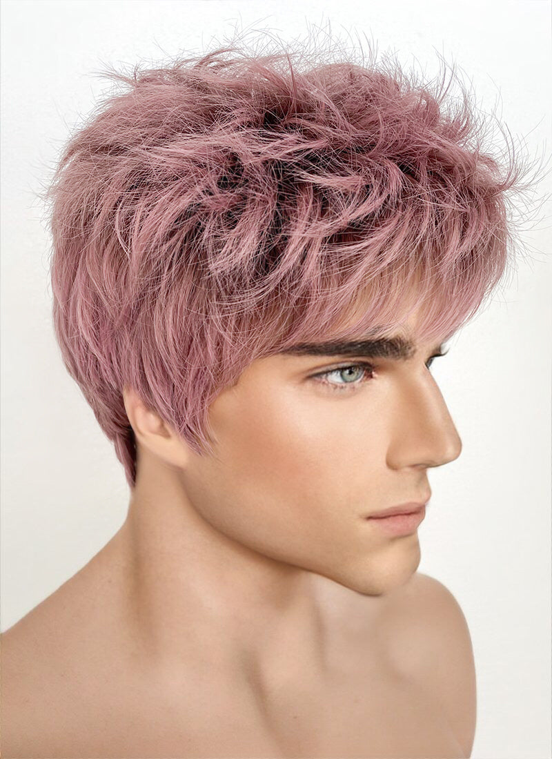 Ash Pink With Dark Roots Straight Pixie Synthetic Hair Men's Wig NS427