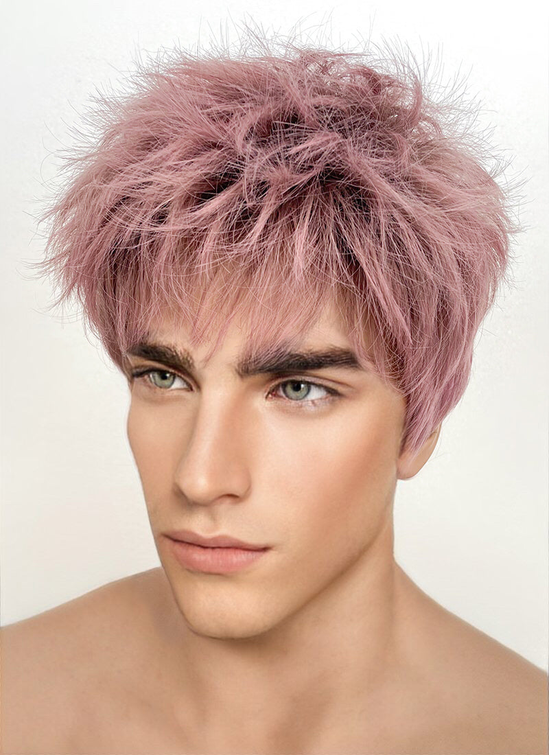 Ash Pink With Dark Roots Straight Pixie Synthetic Hair Men's Wig NS427