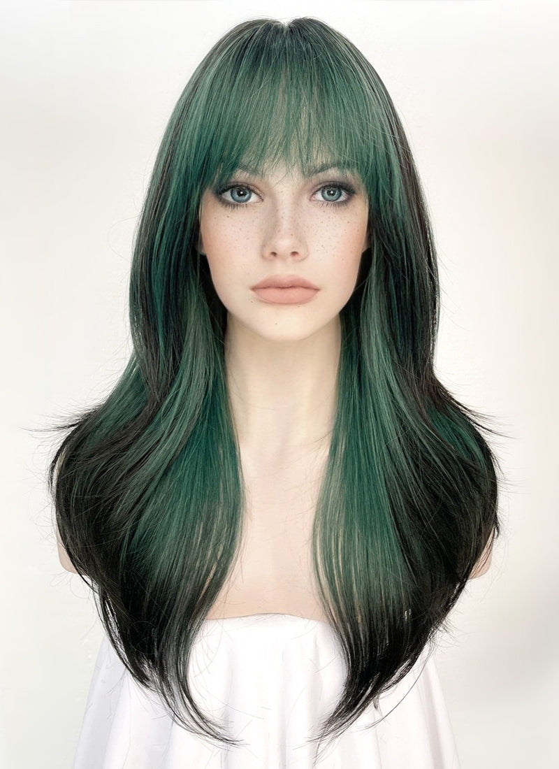 Green Mixed Black Straight Synthetic Hair Wig NS432