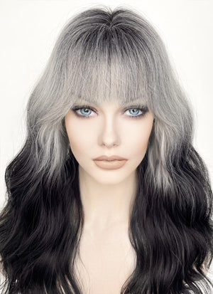 Grey Black Ombre With Dark Roots Wavy Synthetic Hair Wig NS436