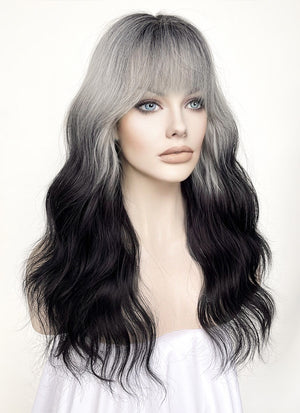 Grey Black Ombre With Dark Roots Wavy Synthetic Hair Wig NS436
