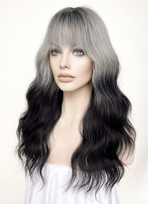 Grey Black Ombre With Dark Roots Wavy Synthetic Hair Wig NS436