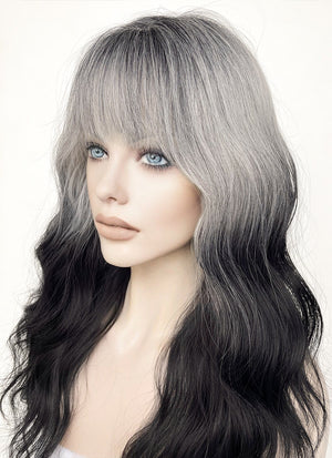 Grey Black Ombre With Dark Roots Wavy Synthetic Hair Wig NS436