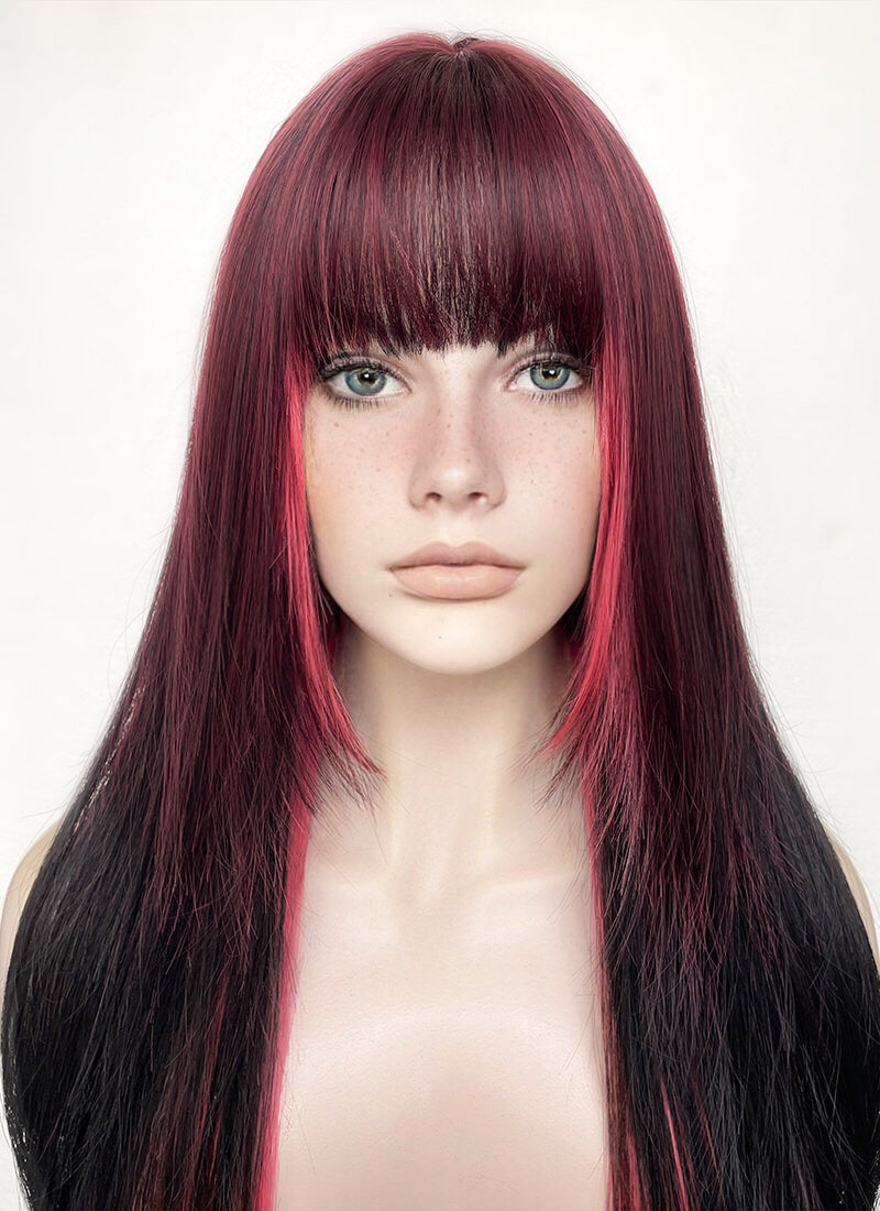 Red Pink Black Mixed Straight Synthetic Hair Wig NS481