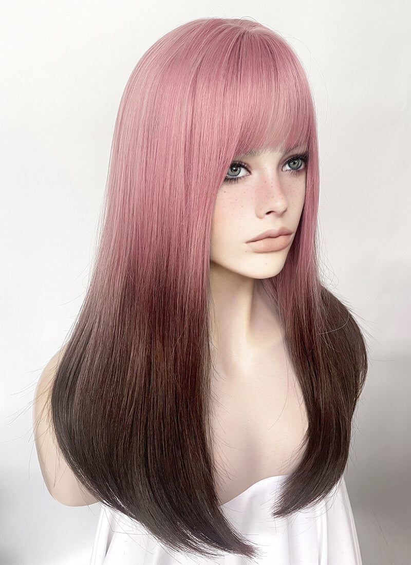 Pink Brown Ombre Straight Synthetic Hair Wig NS492