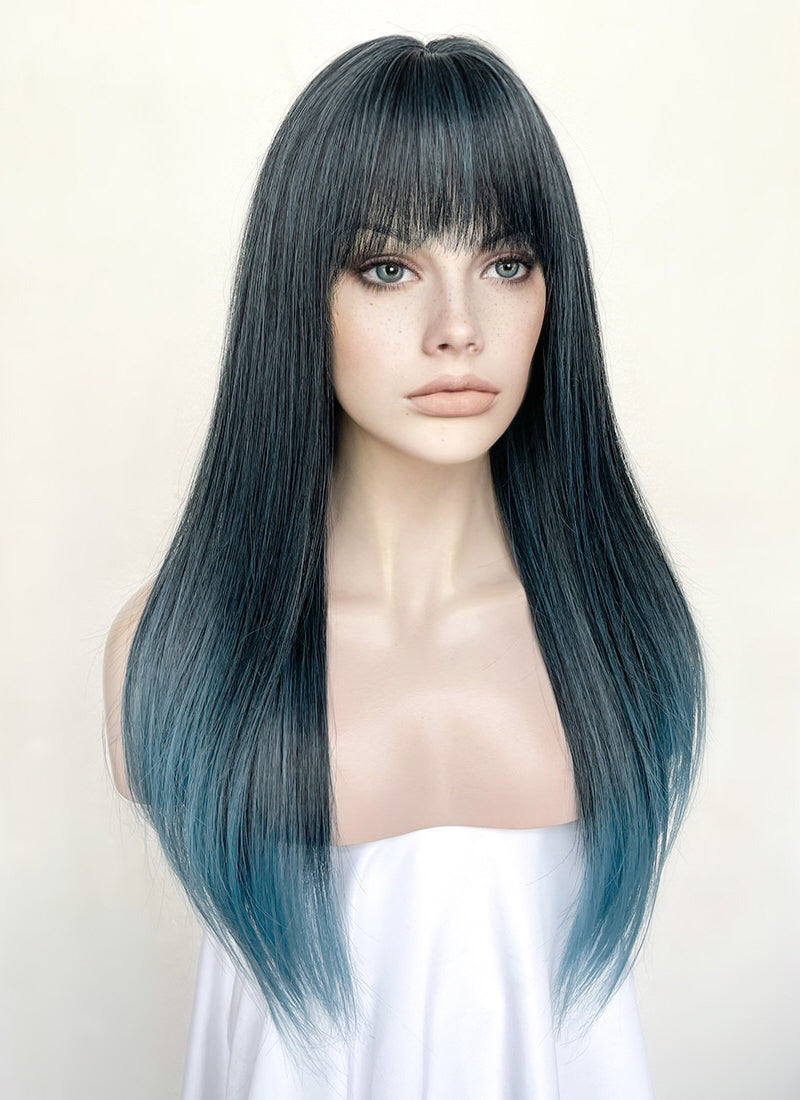 Black Mixed Ash Blue Straight Synthetic Hair Wig NS495