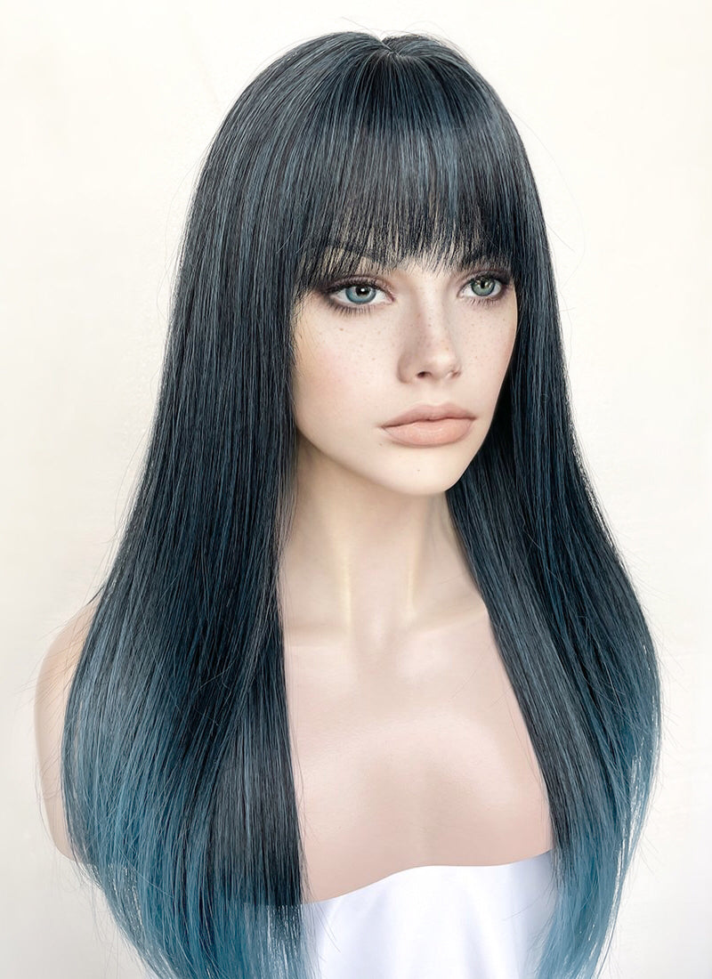 Black Mixed Ash Blue Straight Synthetic Hair Wig NS495