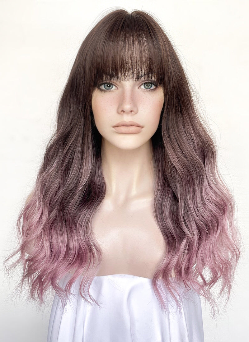 Brown Pink Ombre Wavy Synthetic Hair Wig NS506