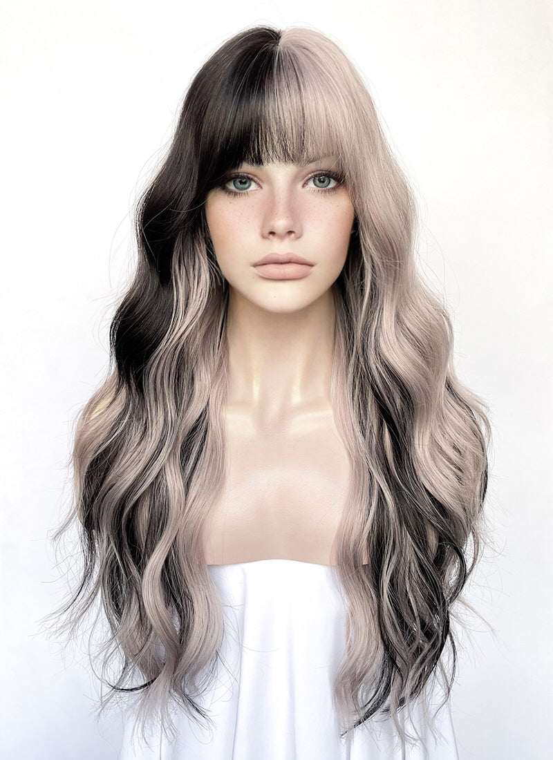 Ash Pinkish Blonde Mixed Black Wavy Synthetic Hair Wig NS521